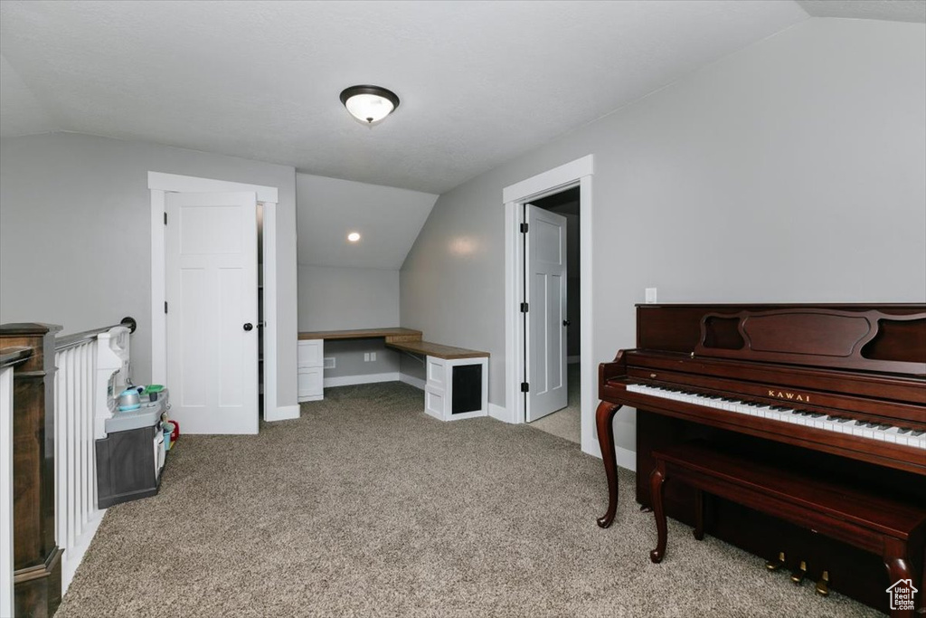 Misc room featuring light colored carpet and lofted ceiling