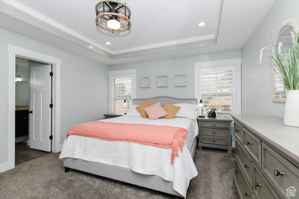 Bedroom with a raised ceiling and dark colored carpet