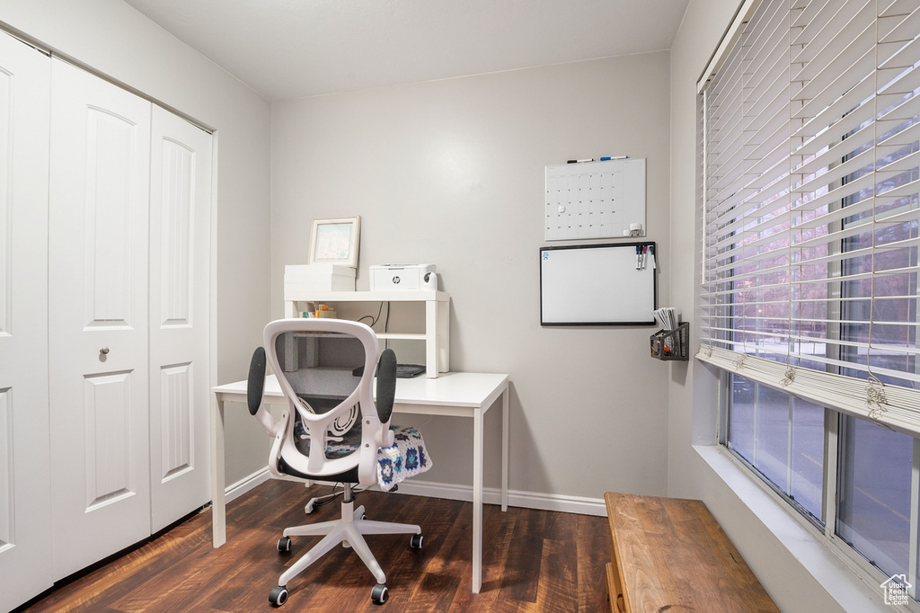 Office space featuring dark hardwood / wood-style flooring