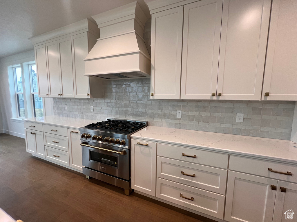 Kitchen with custom exhaust hood, high end range, dark hardwood / wood-style flooring, light stone countertops, and white cabinets