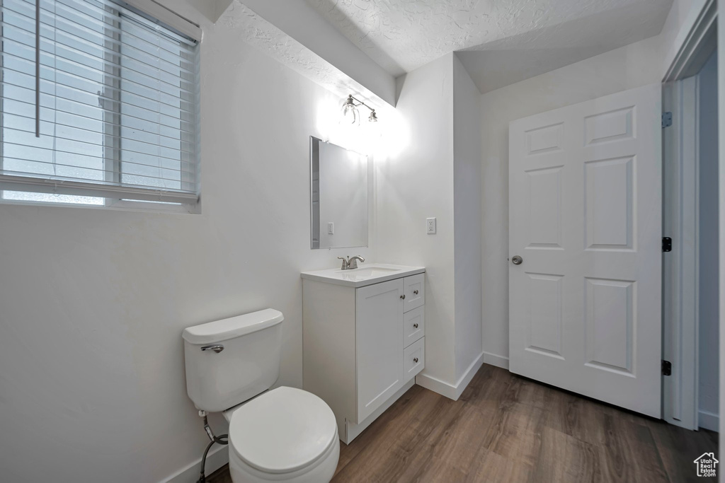 Bathroom featuring hardwood / wood-style flooring, vanity, toilet, and a textured ceiling