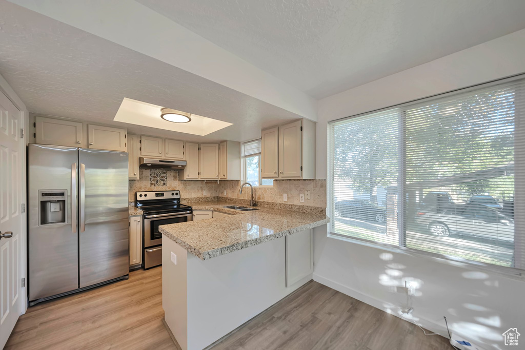 Kitchen with sink, backsplash, kitchen peninsula, and appliances with stainless steel finishes