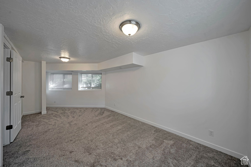 Interior space featuring carpet floors and a textured ceiling