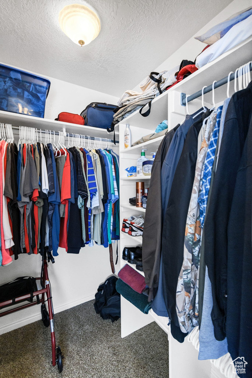 Walk in closet featuring dark carpet