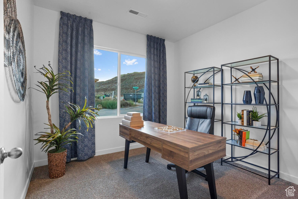 Carpeted home office with a mountain view