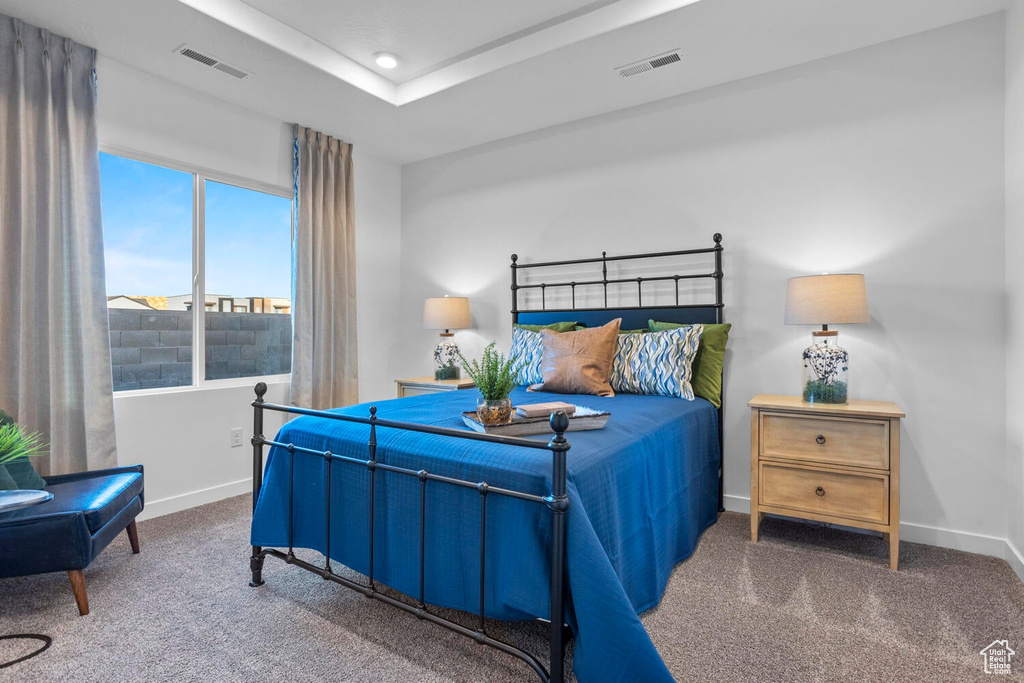 Bedroom featuring a tray ceiling and dark carpet