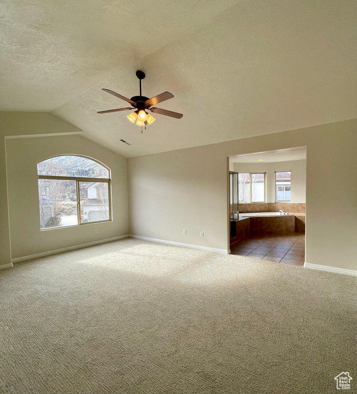 Unfurnished room with ceiling fan, lofted ceiling, light carpet, and a textured ceiling