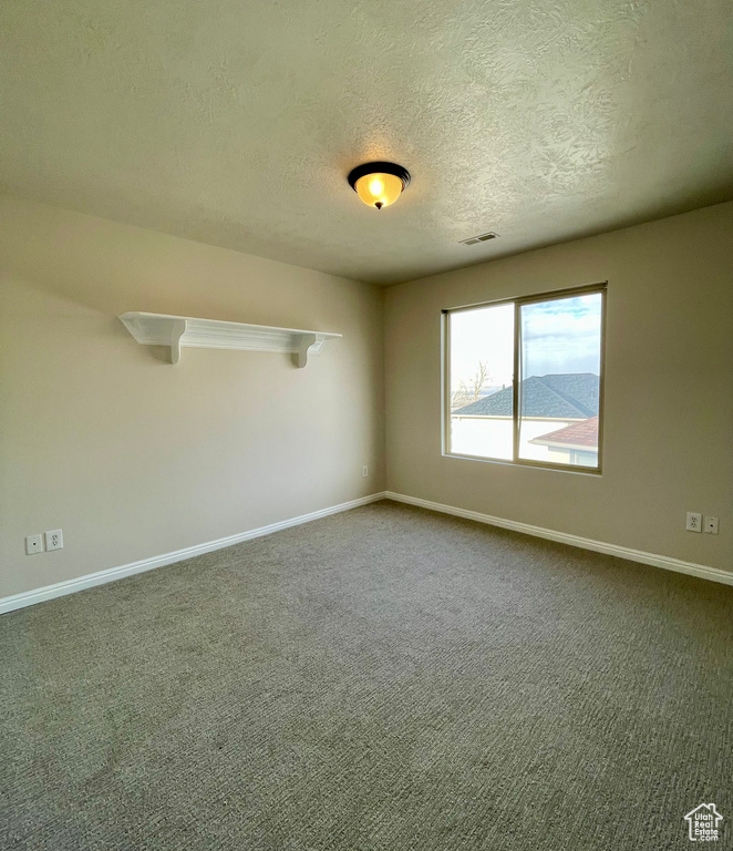 Unfurnished room featuring carpet and a textured ceiling