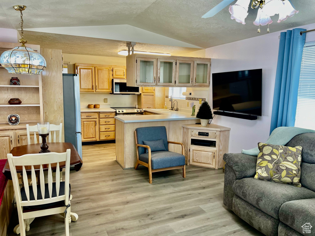 Kitchen featuring a peninsula, open floor plan, light wood-type flooring, vaulted ceiling, and stainless steel appliances
