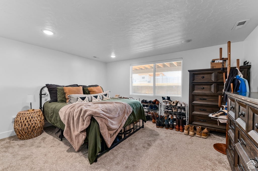 Carpeted bedroom featuring a textured ceiling