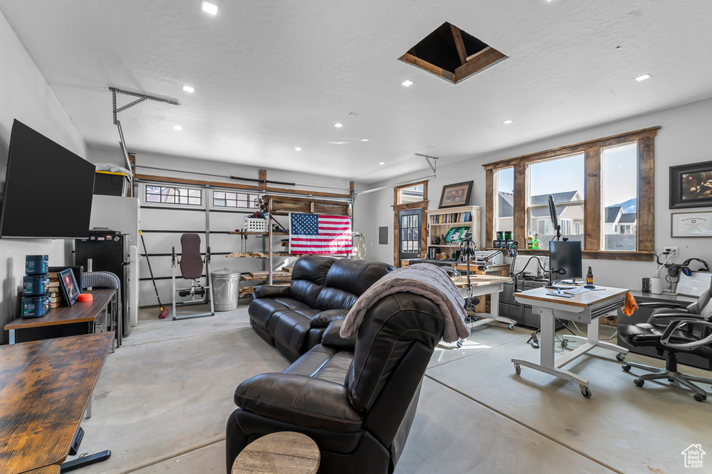 Living room with a textured ceiling