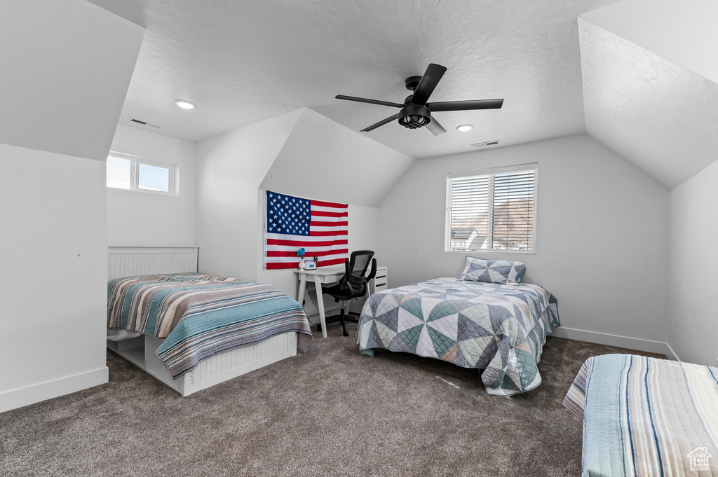 Bedroom with multiple windows, vaulted ceiling, a textured ceiling, and dark colored carpet