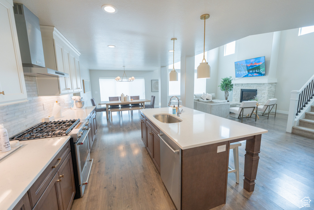 Kitchen featuring wall chimney exhaust hood, stainless steel appliances, a sink, a stone fireplace, and healthy amount of natural light