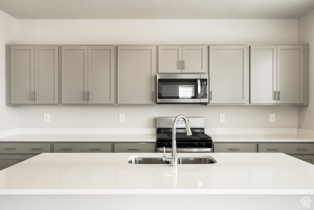 Kitchen with gray cabinetry, appliances with stainless steel finishes, a sink, and light countertops