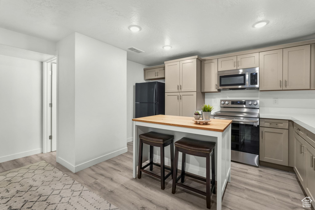 Kitchen with appliances with stainless steel finishes, butcher block countertops, and light hardwood / wood-style flooring