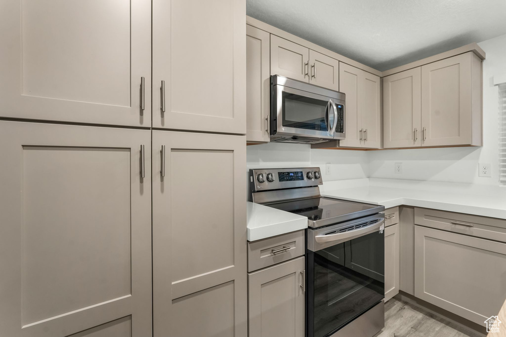 Kitchen featuring gray cabinets, stainless steel appliances, and light wood-type flooring