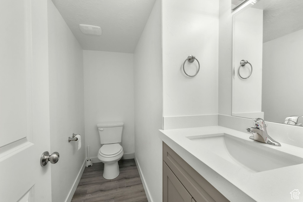 Bathroom featuring wood-type flooring, vanity, and toilet