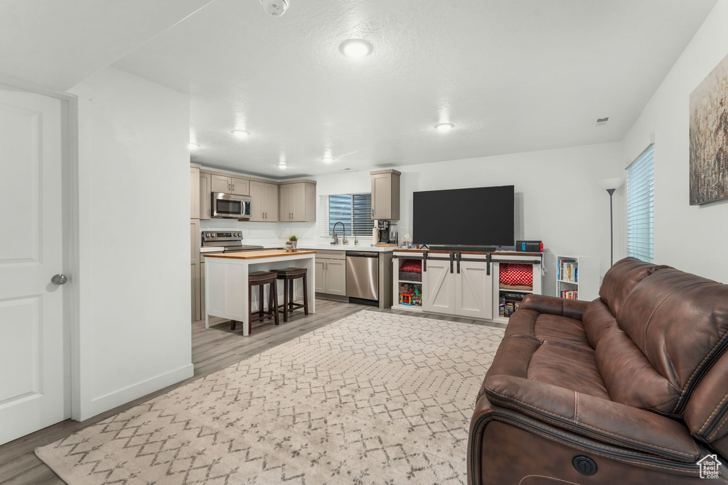 Living room with sink and light wood-type flooring