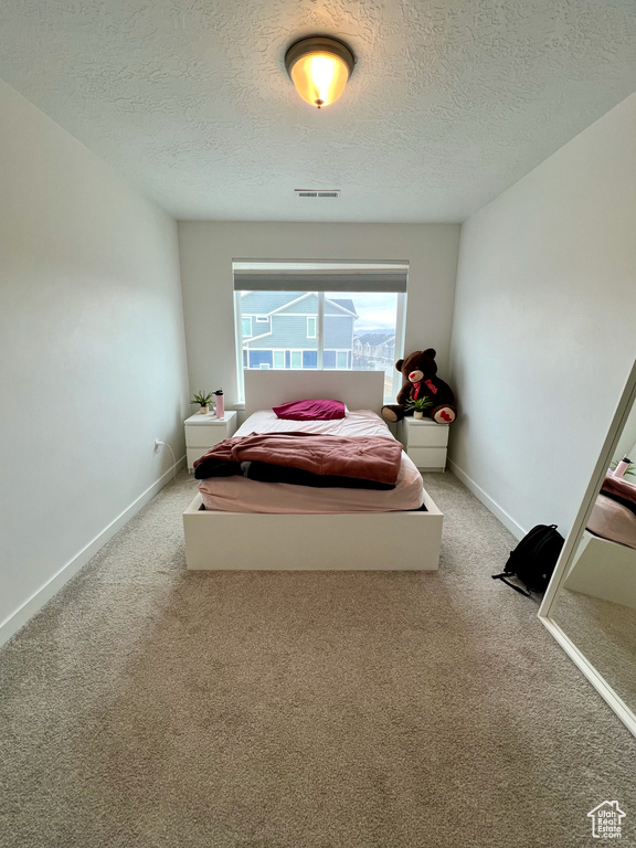 Bedroom featuring carpet floors, a textured ceiling, and baseboards