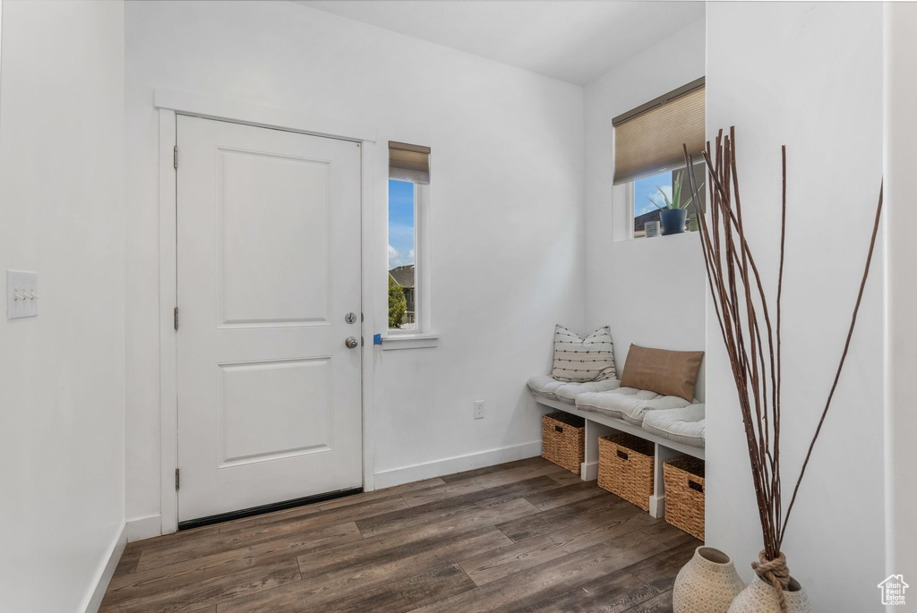 Foyer featuring dark wood finished floors and baseboards