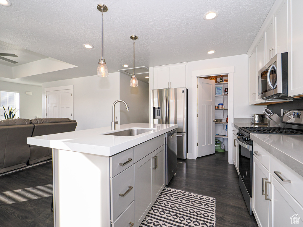 Kitchen featuring a kitchen island with sink, sink, white cabinetry, and stainless steel appliances