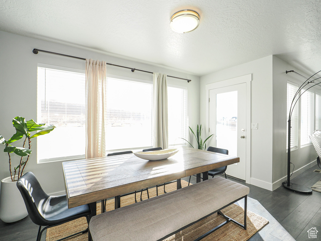 Dining space featuring dark hardwood / wood-style flooring and a textured ceiling