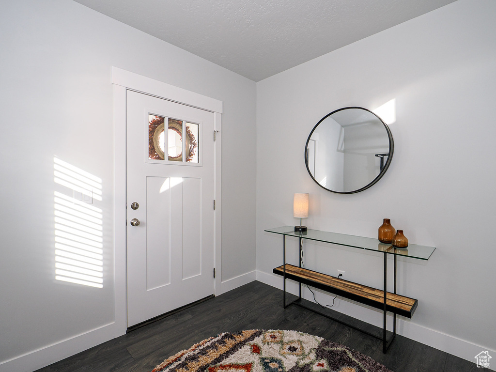 Entrance foyer with dark hardwood / wood-style floors and a textured ceiling