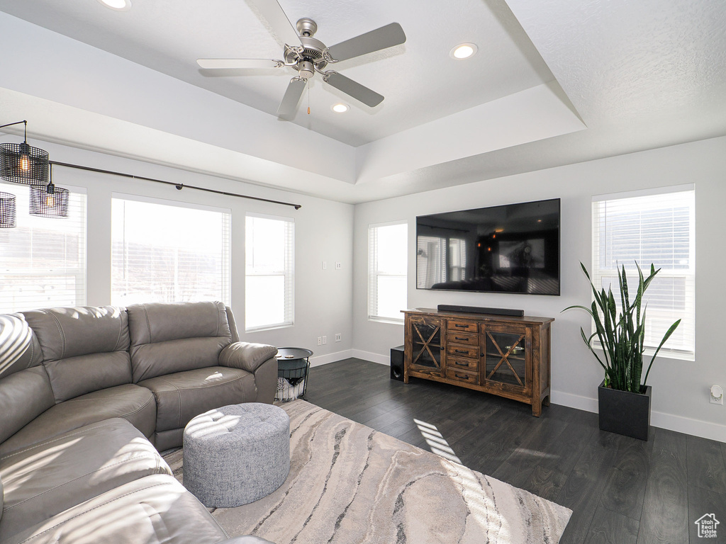 Living room with dark hardwood / wood-style floors, a raised ceiling, and ceiling fan