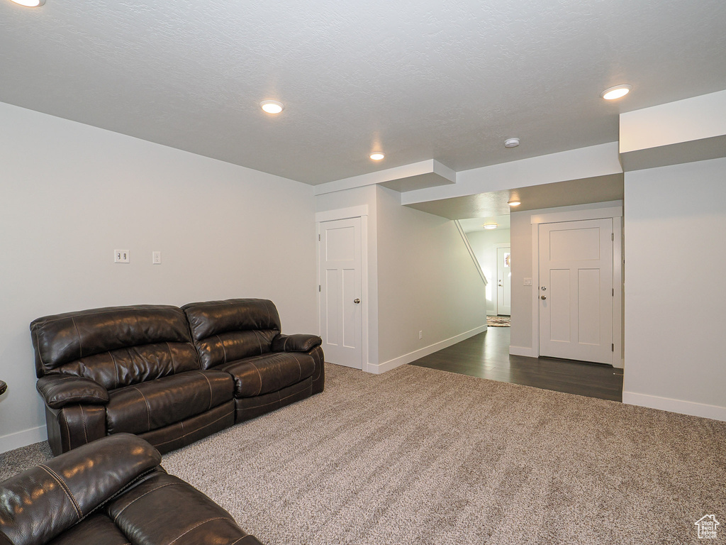 Carpeted living room featuring a textured ceiling