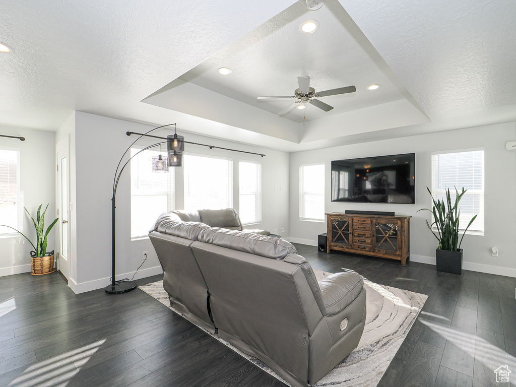 Living room featuring dark hardwood / wood-style flooring, a raised ceiling, and a textured ceiling