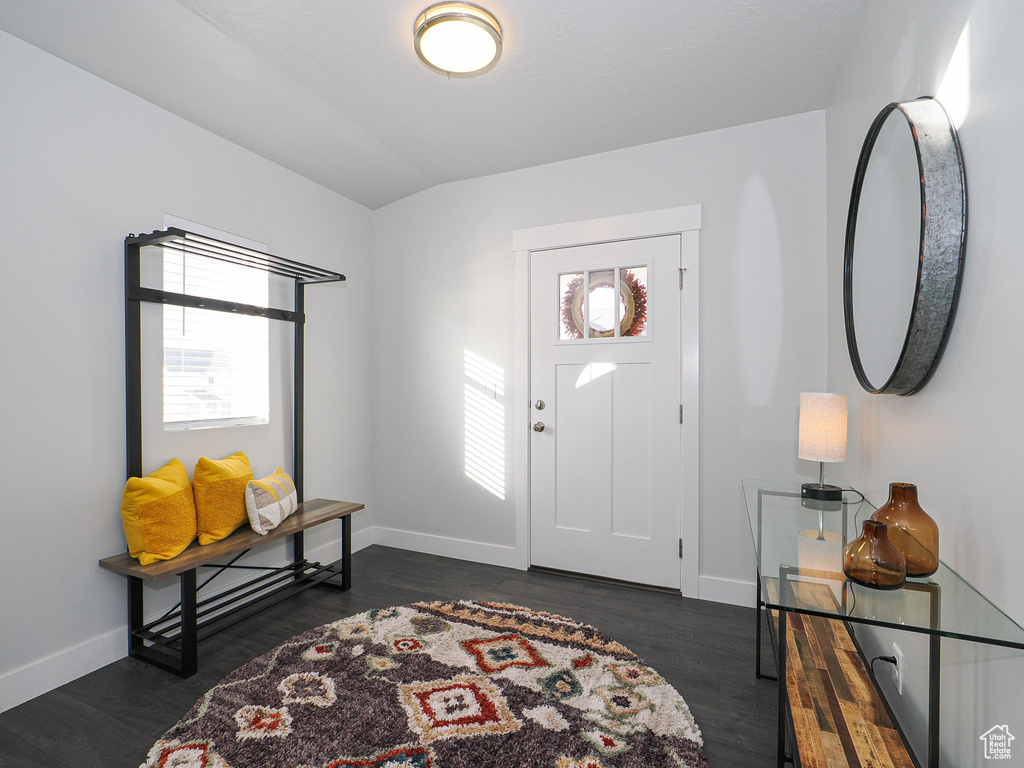 Foyer with lofted ceiling, dark wood-type flooring, and plenty of natural light