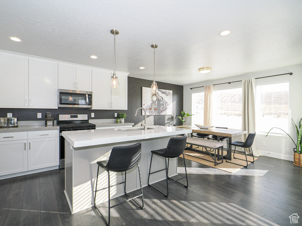 Kitchen featuring sink, white cabinetry, hanging light fixtures, a center island with sink, and stainless steel appliances