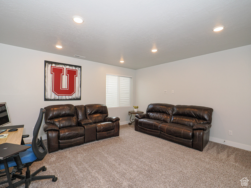 Living room featuring a textured ceiling and carpet