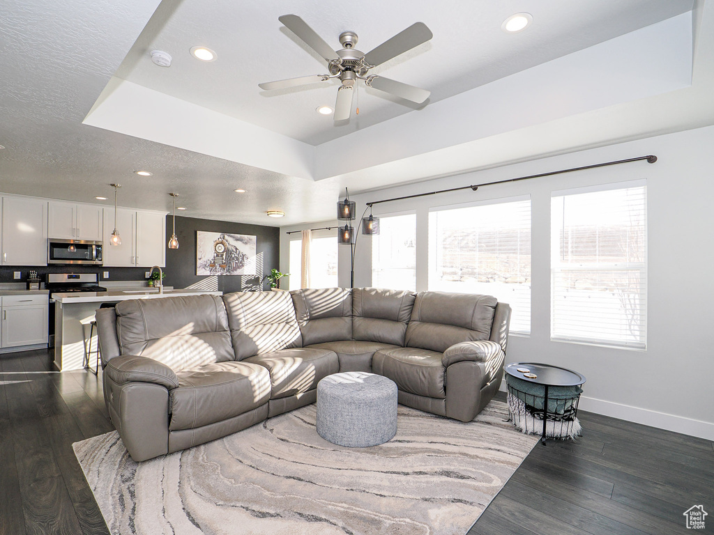 Living room featuring a raised ceiling, dark wood-type flooring, sink, and ceiling fan