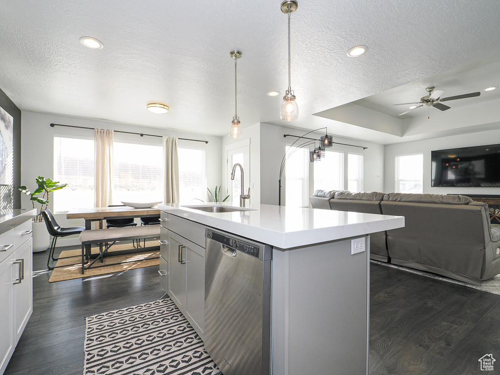 Kitchen with sink, hanging light fixtures, stainless steel dishwasher, dark hardwood / wood-style floors, and a kitchen island with sink