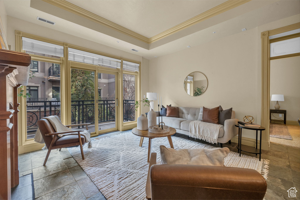 Living room featuring crown molding and a raised ceiling