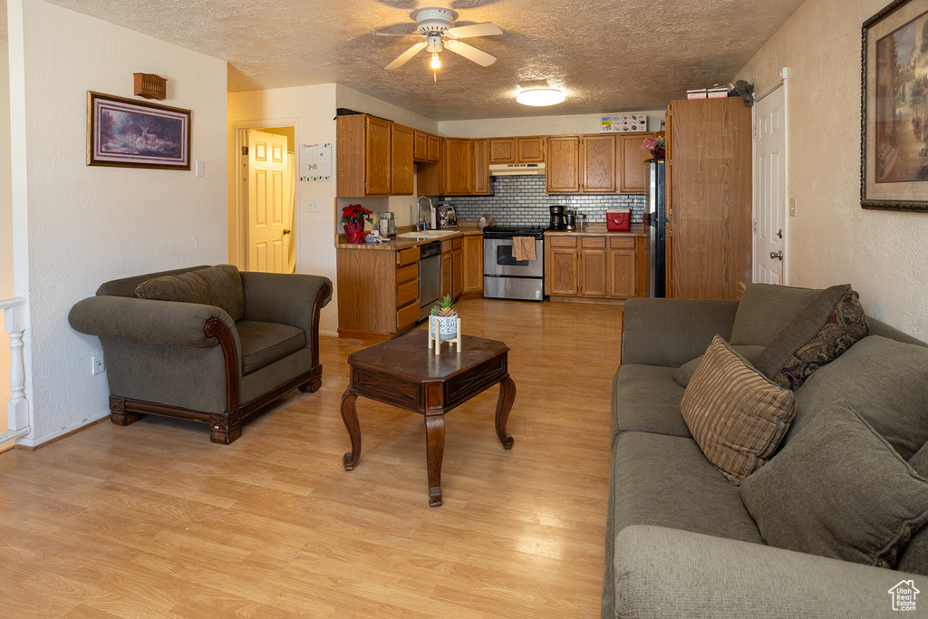 Living room featuring sink, a textured ceiling, and light wood-type flooring