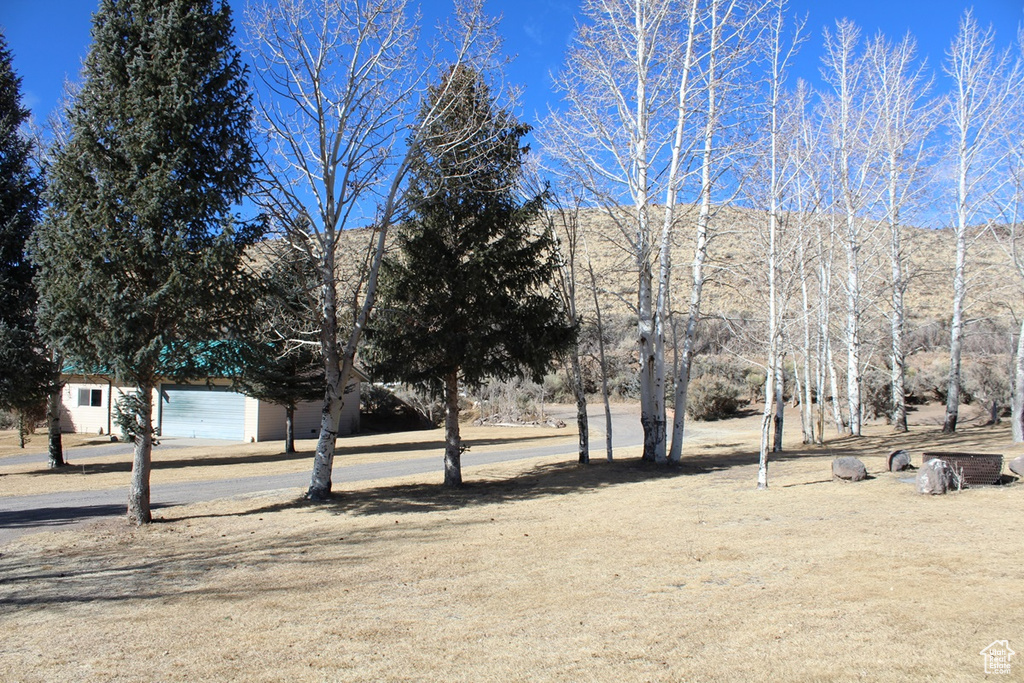 View of yard with a garage