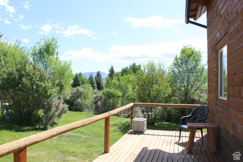 Wooden deck featuring a yard