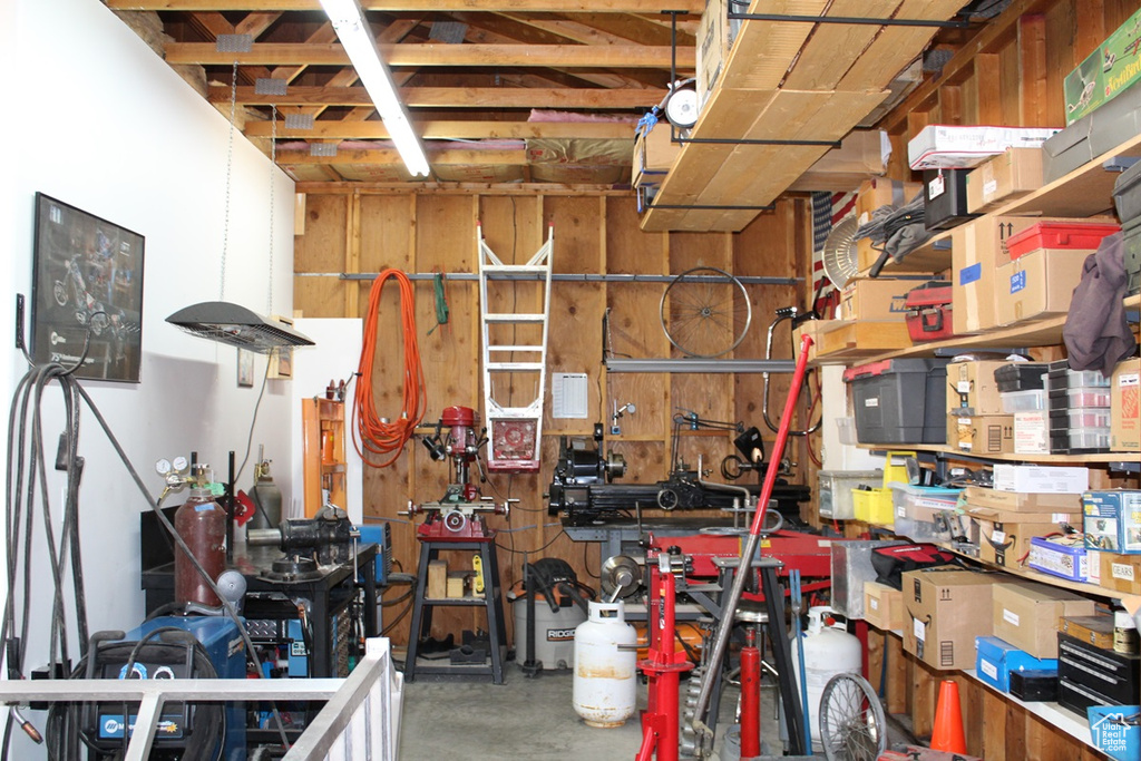 Garage with a workshop area