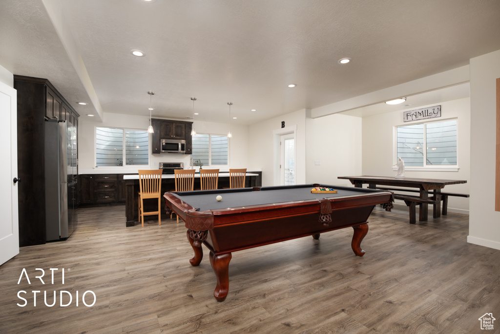 Game room featuring a wealth of natural light, light wood-type flooring, and billiards