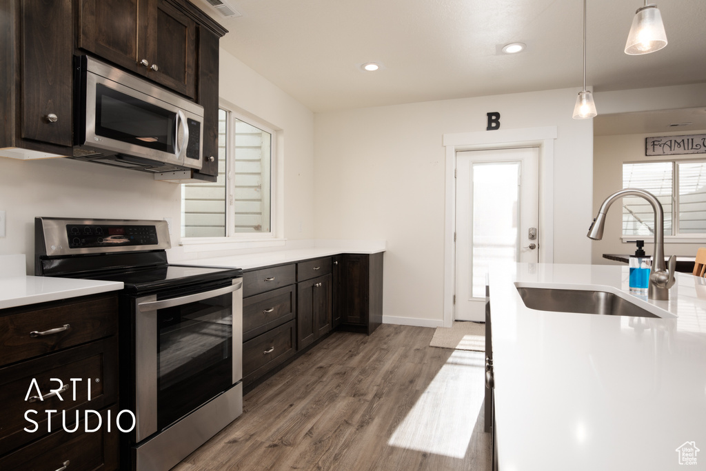 Kitchen with sink, decorative light fixtures, dark brown cabinets, light hardwood / wood-style flooring, and appliances with stainless steel finishes