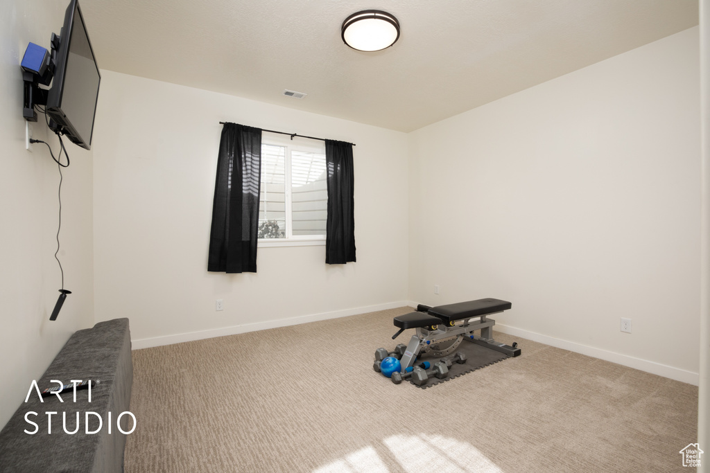 Exercise area featuring carpet flooring