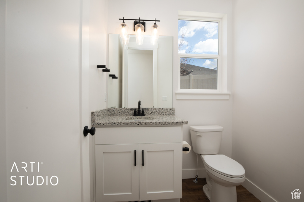 Bathroom with vanity, hardwood / wood-style floors, and toilet