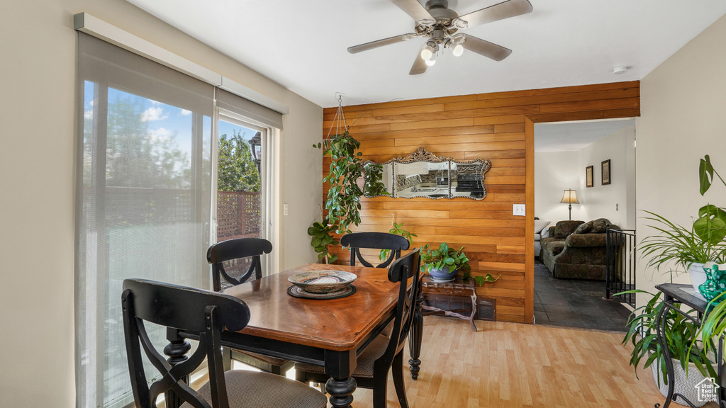 Dining area with wood walls, a ceiling fan, light wood-style floors, and an accent wall