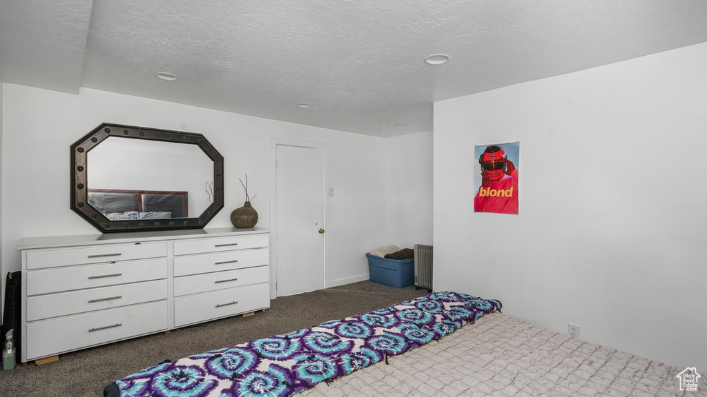 Bedroom featuring dark colored carpet and a textured ceiling