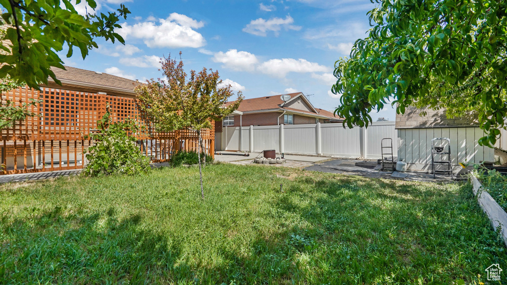 Fenced backyard with a patio area