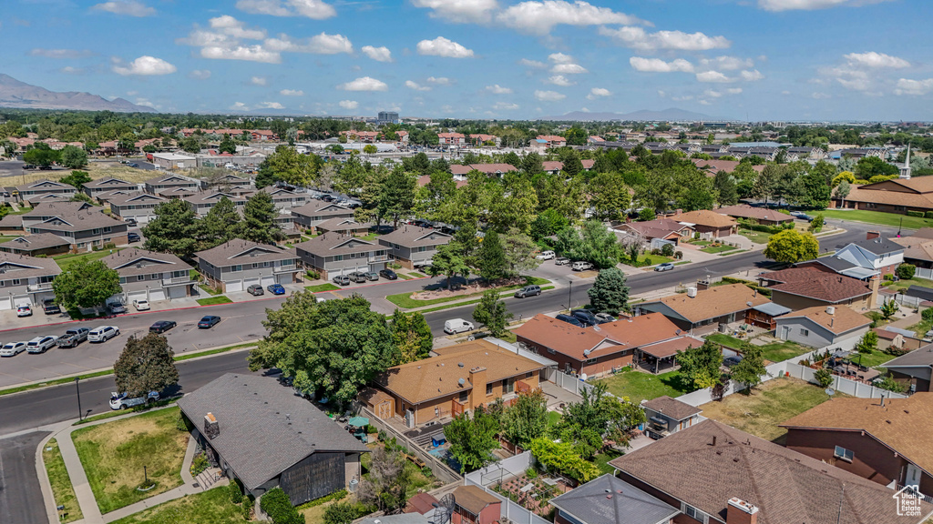 Aerial perspective of suburban area with mountains