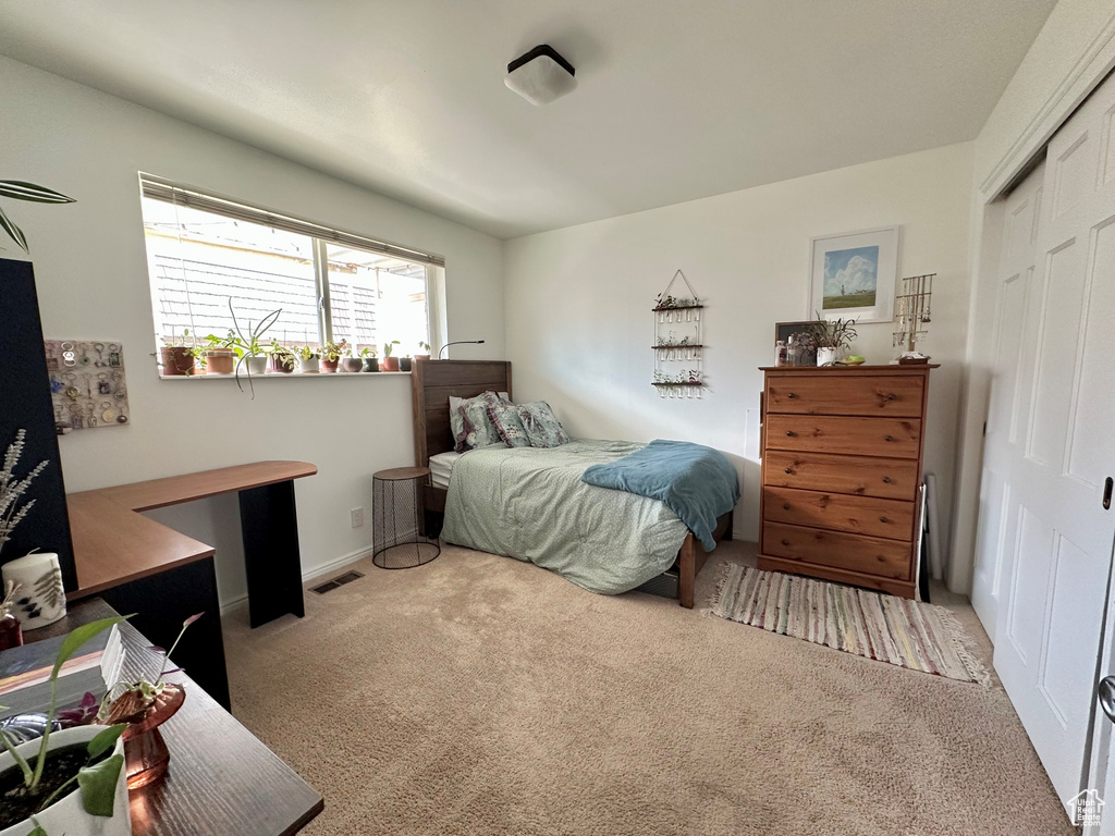 Carpeted bedroom featuring a closet
