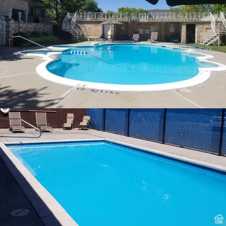 View of swimming pool with a patio